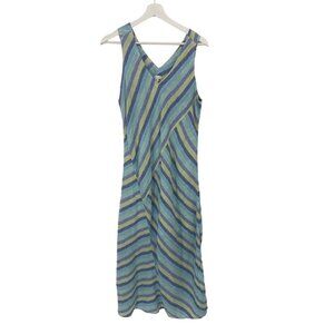 J JILL Love Linen Lotus Striped Maxi V Neck Dress Blue Green Size MEDIUM NWT